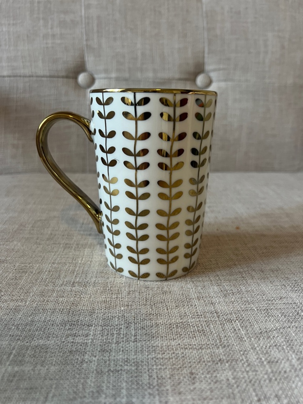 White Ceramic Mug with Gold Leaf Motif and Gold Handle